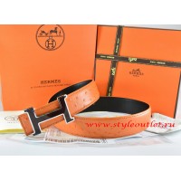 Hermes Orange/Black Ostrich Stripe Leather Reversible Belt 18K Black Silver Narrow H Buckle
