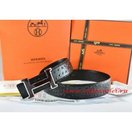 Hermes Black/Black Ostrich Stripe Leather Reversible Belt 18K Black Silver Narrow H Buckle