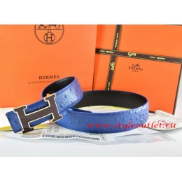 Hermes Blue/Black Ostrich Stripe Leather Reversible Belt 18K Black Silver Width H Buckle