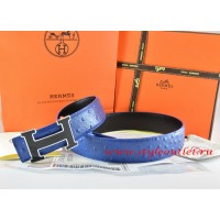 Hermes Blue/Black Ostrich Stripe Leather Reversible Belt 18K Black Gold Width H Buckle