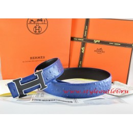 Hermes Blue/Black Ostrich Stripe Leather Reversible Belt 18K Black Gold Width H Buckle