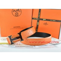 Hermes Orange/Black Ostrich Stripe Leather Reversible Belt 18K Black Silver Width H Buckle