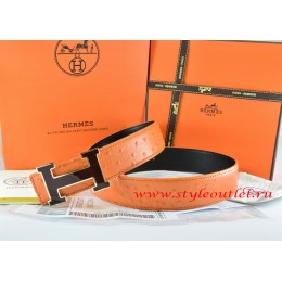 Hermes Orange/Black Ostrich Stripe Leather Reversible Belt 18K Black Silver Width H Buckle
