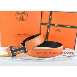Hermes Orange/Black Ostrich Stripe Leather Reversible Belt 18K Black Gold Width H Buckle