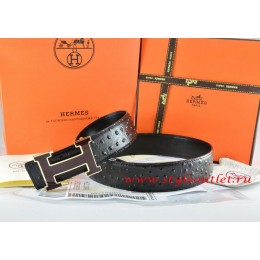 Hermes Black/Black Ostrich Stripe Leather Reversible Belt 18K Black Silver Width H Buckle