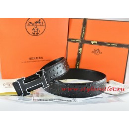 Hermes Black/Black Ostrich Stripe Leather Reversible Belt 18K Black Gold Width H Buckle