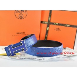 Hermes Blue/Black Ostrich Stripe Leather Reversible Belt 18K Blue Gold Width H Buckle