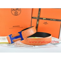 Hermes Orange/Black Ostrich Stripe Leather Reversible Belt 18K Blue Gold Width H Buckle