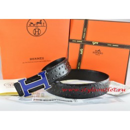 Hermes Black/Black Ostrich Stripe Leather Reversible Belt 18K Blue Gold Width H Buckle