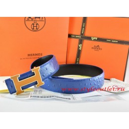 Hermes Blue/Black Ostrich Stripe Leather Reversible Belt 18K Orange Gold Width H Buckle
