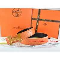 Hermes Orange/Black Ostrich Stripe Leather Reversible Belt 18K Orange Gold Width H Buckle