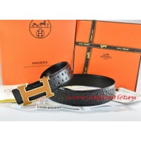 Hermes Black/Black Ostrich Stripe Leather Reversible Belt 18K Orange Gold Width H Buckle