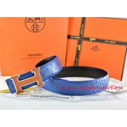 Hermes Blue/Black Ostrich Stripe Leather Reversible Belt 18K Brown Gold Width H Buckle