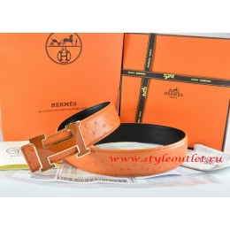Hermes Orange/Black Ostrich Stripe Leather Reversible Belt 18K Brown Gold Width H Buckle