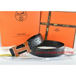Hermes Black/Black Ostrich Stripe Leather Reversible Belt 18K Brown Gold Width H Buckle