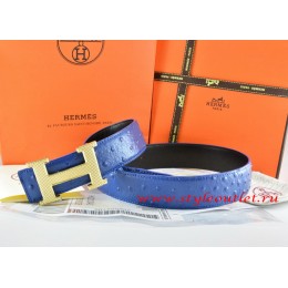 Hermes Blue/Black Ostrich Stripe Leather Reversible Belt 18K Gold Wave Stripe H Buckle