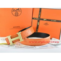 Hermes Orange/Black Ostrich Stripe Leather Reversible Belt 18K Gold Wave Stripe H Buckle