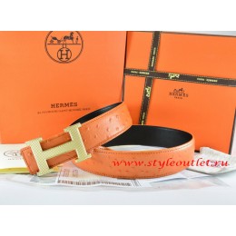 Hermes Orange/Black Ostrich Stripe Leather Reversible Belt 18K Gold Wave Stripe H Buckle