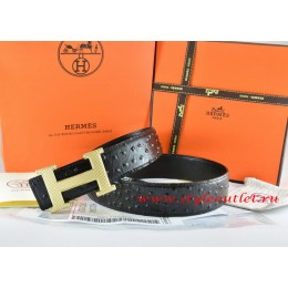 Hermes Black/Black Ostrich Stripe Leather Reversible Belt 18K Gold Wave Stripe H Buckle