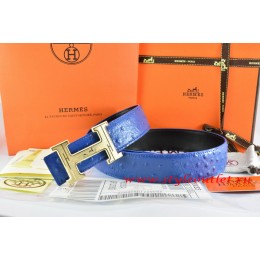 Hermes Blue/Black Ostrich Stripe Leather Reversible Belt 18K Gold Geometric Stripe H Buckle