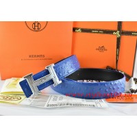 Hermes Blue/Black Ostrich Stripe Leather Reversible Belt 18K Silver Geometric Stripe H Buckle