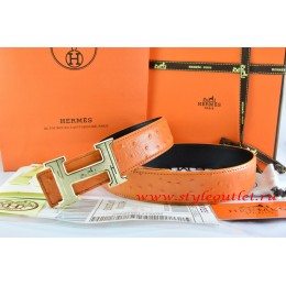 Hermes Orange/Black Ostrich Stripe Leather Reversible Belt 18K Gold Geometric Stripe H Buckle