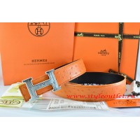 Hermes Orange/Black Ostrich Stripe Leather Reversible Belt 18K Silver Geometric Stripe H Buckle