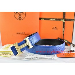 Hermes Blue/Black Ostrich Stripe Leather Reversible Belt 18K Gold Weave Stripe H Buckle