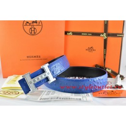 Hermes Blue/Black Ostrich Stripe Leather Reversible Belt 18K Silver Weave Stripe H Buckle