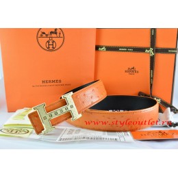 Hermes Orange/Black Ostrich Stripe Leather Reversible Belt 18K Gold Weave Stripe H Buckle
