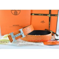 Hermes Orange/Black Ostrich Stripe Leather Reversible Belt 18K Silver Weave Stripe H Buckle