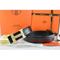 Hermes Black/Black Ostrich Stripe Leather Reversible Belt 18K Gold Weave Stripe H Buckle