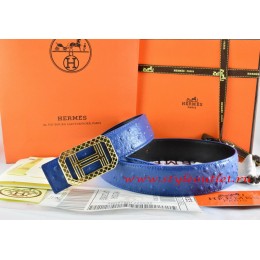 Hermes Blue/Black Ostrich Stripe Leather Reversible Belt 18K Gold Lace Strip H Buckle