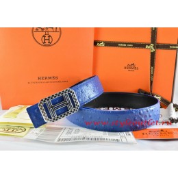 Hermes Blue/Black Ostrich Stripe Leather Reversible Belt 18K Silver Lace Strip H Buckle