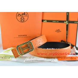 Hermes Orange/Black Ostrich Stripe Leather Reversible Belt 18K Gold Lace Strip H Buckle