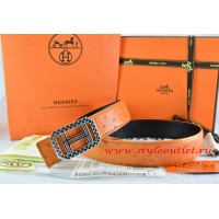 Hermes Orange/Black Ostrich Stripe Leather Reversible Belt 18K Silver Lace Strip H Buckle