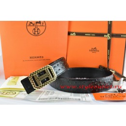 Hermes Black/Black Ostrich Stripe Leather Reversible Belt 18K Gold Lace Strip H Buckle