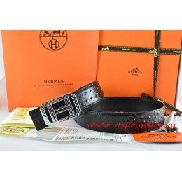 Hermes Black/Black Ostrich Stripe Leather Reversible Belt 18K Silver Lace Strip H Buckle