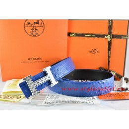 Hermes Blue/Black Ostrich Stripe Leather Reversible Belt 18K Silver Spot Stripe H Buckle