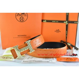 Hermes Orange/Black Ostrich Stripe Leather Reversible Belt 18K Gold Spot Stripe H Buckle