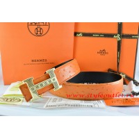 Hermes Orange/Black Ostrich Stripe Leather Reversible Belt 18K Gold Stripe Logo H Buckle