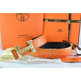 Hermes Orange/Black Ostrich Stripe Leather Reversible Belt 18K Gold Stripe Logo H Buckle