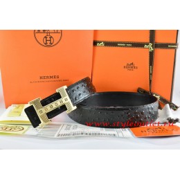 Hermes Black/Black Ostrich Stripe Leather Reversible Belt 18K Gold Stripe Logo H Buckle