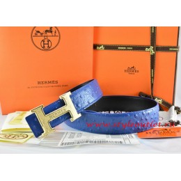 Hermes Blue/Black Ostrich Stripe Leather Reversible Belt 18K Gold Bamboo Strip H Buckle