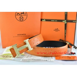 Hermes Orange/Black Ostrich Stripe Leather Reversible Belt 18K Gold Bamboo Strip H Buckle