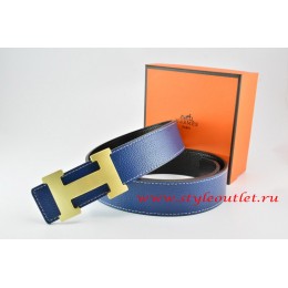 Hermes Dark Blue/Black Leather Men/Women Reversible Belt 18k Gold H Buckle