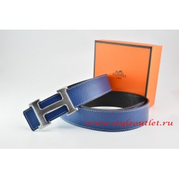 Hermes Dark Blue/Black Leather Men/Women Reversible Belt 18k Drawbench Silver H Buckle