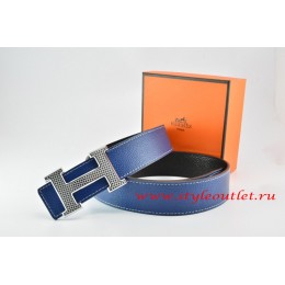 Hermes Dark Blue/Black Leather Men Reversible Belt 18k Gold Wave Stripe H Buckle