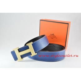 Hermes Dark Blue/Black Leather Men Reversible Belt 18k Silver Wave Stripe H Buckle