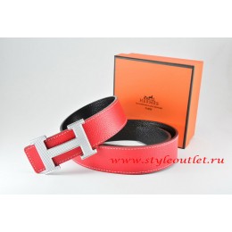 Hermes Red/Black Leather Men Reversible Belt 18k Gold Wave Stripe H Buckle